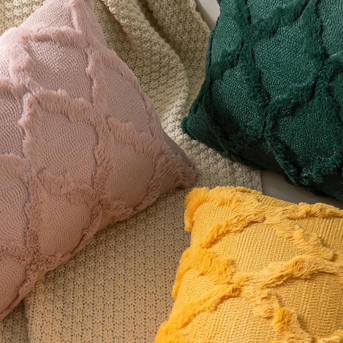 Set of 2 Soft Moroccan Throw Pillow Covers 18x18 Inch Plush Boho Decorative Pillow Cover Accent Cushion Case for Couch Sofa Bed, Dark Green