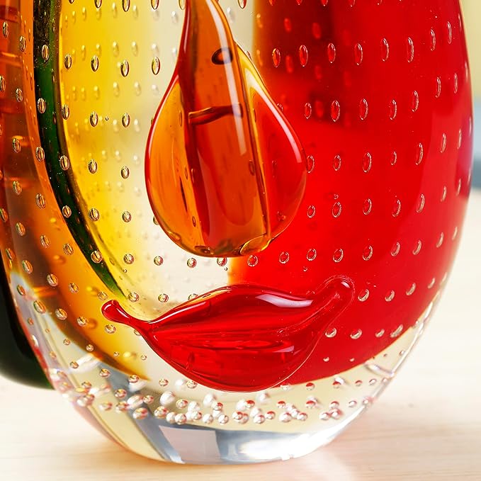 Yao Yuan Murano-Style Art Glass Vase with a Face - 12.6" Tall Mouth-Blown Artistic Sculpture with Vibrant Colors & Accents - Rich Colored Home Décor