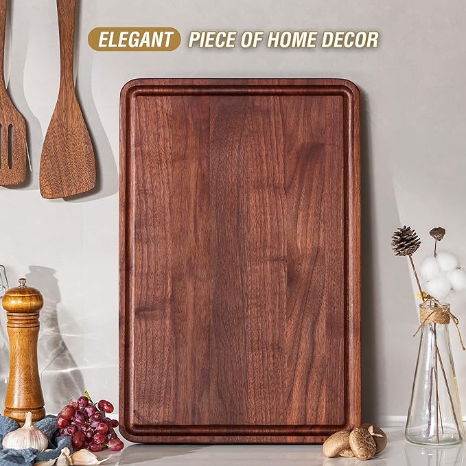 AZRHOM Large Walnut Wood Cutting Board for Kitchen 18x12 (Gift Box) with Juice Groove Handles Non-slip Mats Thick Reversible Butcher Block Chopping Board Cheese Charcuterie Boardrd