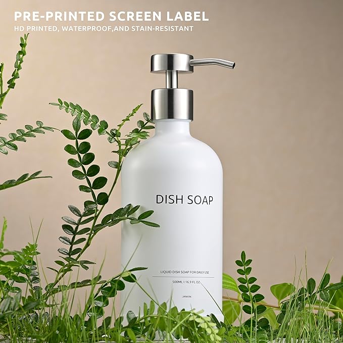 Glass Soap Dispenser Set by Janxin,Bathroom Soap Dispenser Set with Ceramic Tray,Luxury Bathroom Accessories,Modern Kitchen Decor (White+Silver(Dish Soap))