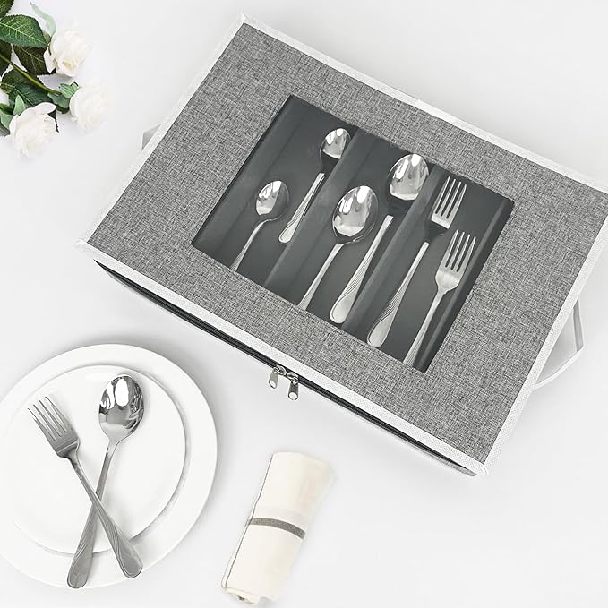 homyfort Flatware Storage Case Box, Silverware Organizer, Tableware Cutlery Utensil Storage Container with Cover/Lid and Adjustable Compartments for Flatware Organization (Grey)