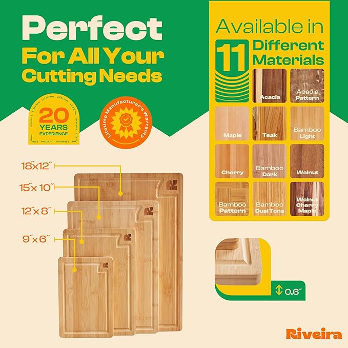 Riveira White Bamboo Wood Cutting Board – Versatile And Durable: Set Of 4 Pcs Rectangular Wooden Cutting Board – Natural Wooden Cutting Boards For Kitchen – Complete White Bamboo Wooden Chopping Board