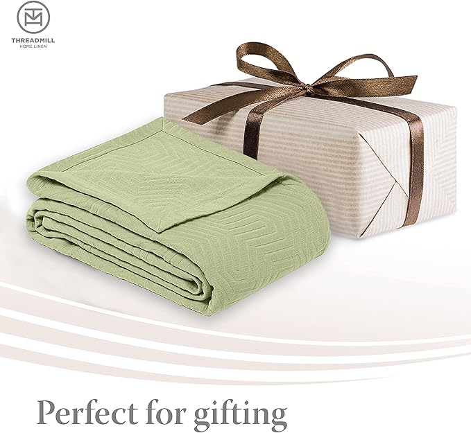 Threadmill Luxury Cotton Blankets for Twin Size Bed | All-Season 100% Cotton Twin Blanket for Bed | Aster Jacquard Lightweight, Soft & Cozy Coverlet, 350GSM, 68x90 inches | Sage Green