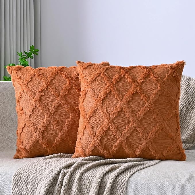 Set of 2 Soft Moroccan Throw Pillow Covers 16x16 Inch Plush Boho Decorative Pillow Cover Accent Cushion Case for Couch Sofa Bed, Burnt Orange