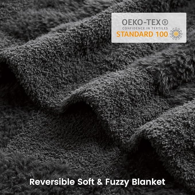 Snuggle Sac Faux Fur Checkered Blanket Twin Size with Soft Knitted Microfiber Fabric,Cozy Soft Warm Blanket for Sofa Bedroom Living Room,Solid Dark Grey,60x80 inches