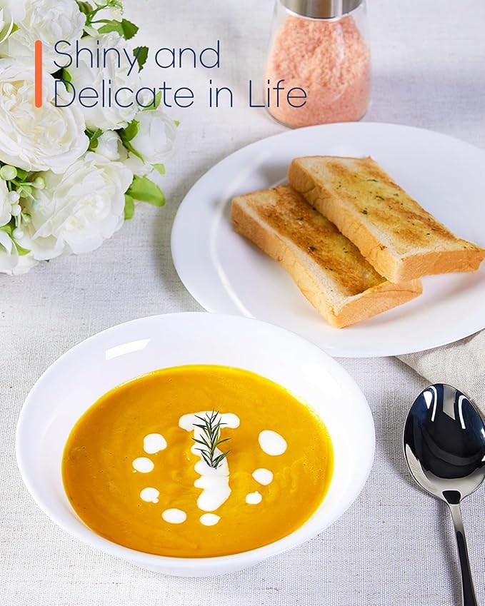 14 OZ (16 OZ MAX) White Opal Glass Cereal Bowl Set of 6, 6.5 inch Dishwasher & Microwave Safe Round Bowls for Soup, Salad and Rice