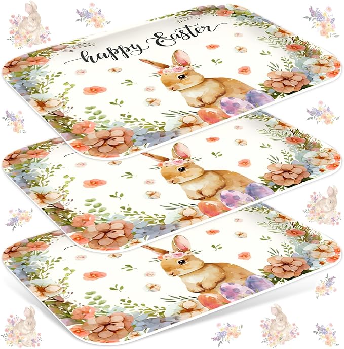 3Pcs Easter Serving Trays 13 x 10 Inch Watercolor Bunny Egg Flower Platter Vintage Spring Rabbit Serving Dishes for Serving Food Snacks Cookies Dessert Party Supplies