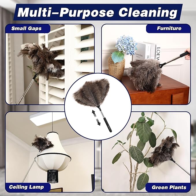 Soarer Ostrich Feather Duster - 40inch Extendable Feather Duster and 14 inch Handle Feather Duster 2pcs Cleaning Brush for Cleaning Supplies,Ceiling Fan, Crafts, Blinds, Furniture