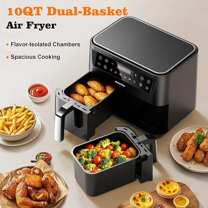 10QT Large Dual Basket Air Fryer with Viewing Window and 50pcs Paper Liners, 10-in-1 Digital Touchscreen Double Zone Air Fryers, SyncCook to Bake,Roast,Reheat,Broil, Nonstick Dishwasher Safe