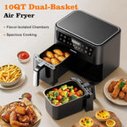 10QT Large Dual Basket Air Fryer with Viewing Window and 50pcs Paper Liners, 10-in-1 Digital Touchscreen Double Zone Air Fryers, SyncCook to Bake,Roast,Reheat,Broil, Nonstick Dishwasher Safe