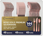 144 Pack Rose Gold Premium Plastic Cutlery Disposable Silverware Set - 48 Forks, 48 Knives, 48 Spoons - For Catering, Parties, Dinners, Weddings, and Everyday Use, Plastic box packaging