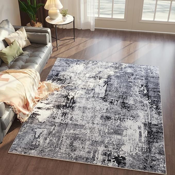 Rugcomf 4x6 Rug Washable Boho Soft Area Rug Abstract Pattern Non-Slip Faux Wool Vintage Rug for Living Room, Bedroom Rug, Farmhouse, Dining Room, Kids Playroom, Grey and Black