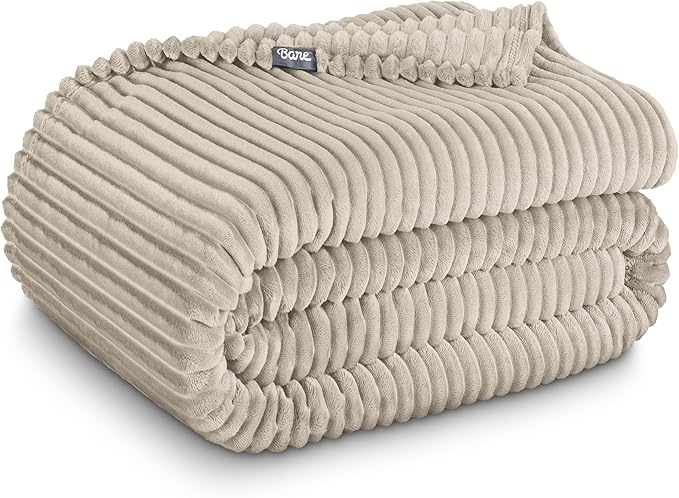 Bare Home Textured Fleece Blanket - Throw/Travel - Ultra-Soft Lightweight for Bed, Sofa, and Couch - Luxury Microplush - Cozy Warm Blanket (Throw, Ribbed Oyster)