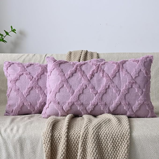 Set of 2 Soft Moroccan Throw Pillow Covers 12x20 Inch Plush Boho Decorative Pillow Cover Accent Cushion Case for Couch Sofa Bed, Purple
