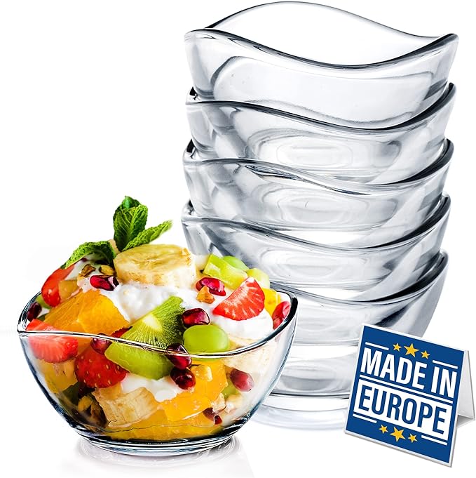 Volarium CRYSTALIA Small Glass Bowls for Kitchen Prep, Modern Round Serving Dishes for Dessert, Salad, Fruit, Pudding, Candy, Cereal, Ice Cream, Stackable Bowls Set of 6 (Medium 7 1/4 oz)