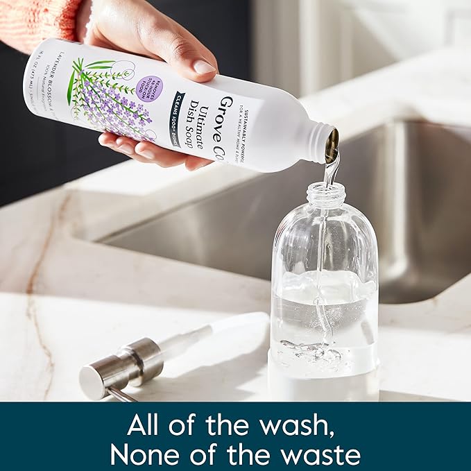 Grove Co. Ultimate Dish Soap Refills (3 x 16 Fl Oz) Removes 48-hr Stuck-on Food and Grease, Plastic Free Cleaning Products, 100% Natural Lavender Blossom & Thyme Fragrance