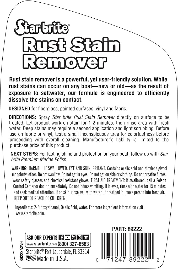 STAR BRITE Rust Stain Remover Spray - Instantly Dissolve Corrosion Stains on Fiberglass, Vinyl, Fabric, Metal & Painted Surfaces - Also Removes Sprinkler Stains - 22 Ounces (089222SS)