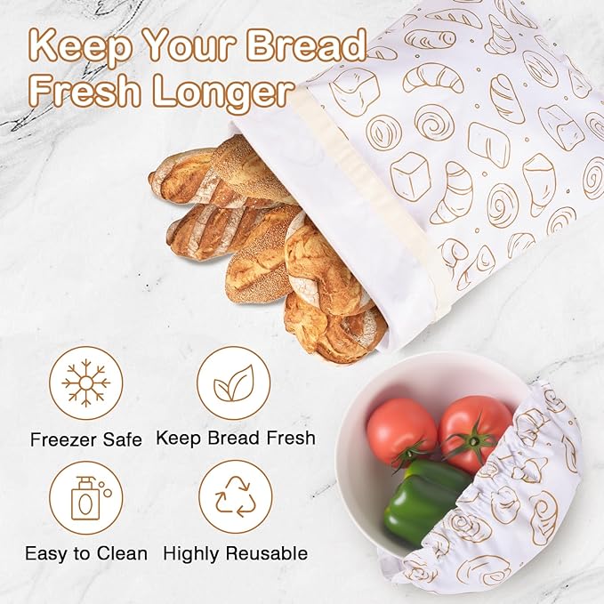 LAKE OF FIRE 16.9"x12.6" Reusable Bread Storage Bags for Homemade Bread with Reusable 2 Bowl Covers,Large Sourdough Bread Bags Food Storage Cloth Bag (White + Bread)