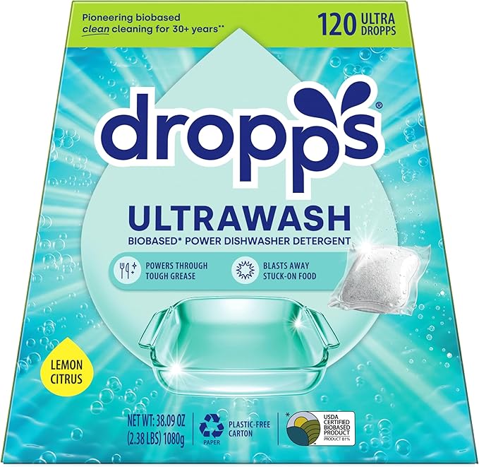 Dropps UltraWash Dishwasher Pods, Lemon Citrus (120 Count) - Biobased Power Deep Clean Dishwasher Detergent Tablets for Sparkling Shiny Dishes - No Rinse Aid or Pre-Wash Needed - Dishwashing Pods