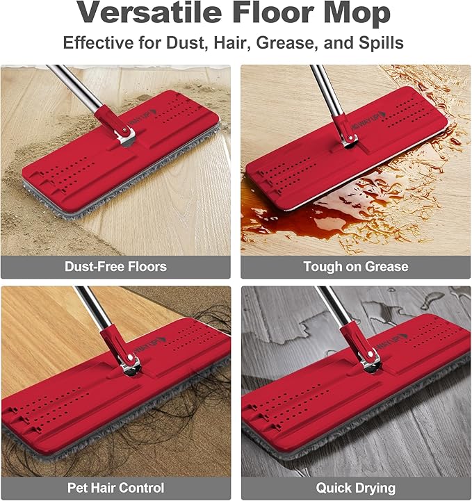 JOYMOOP Flat Mop, Microfiber Mops for Floor Cleaning and Wall Cleaner, 50" Mop with 13" Flat Head with a Microfiber Mop Pad - Black & Red