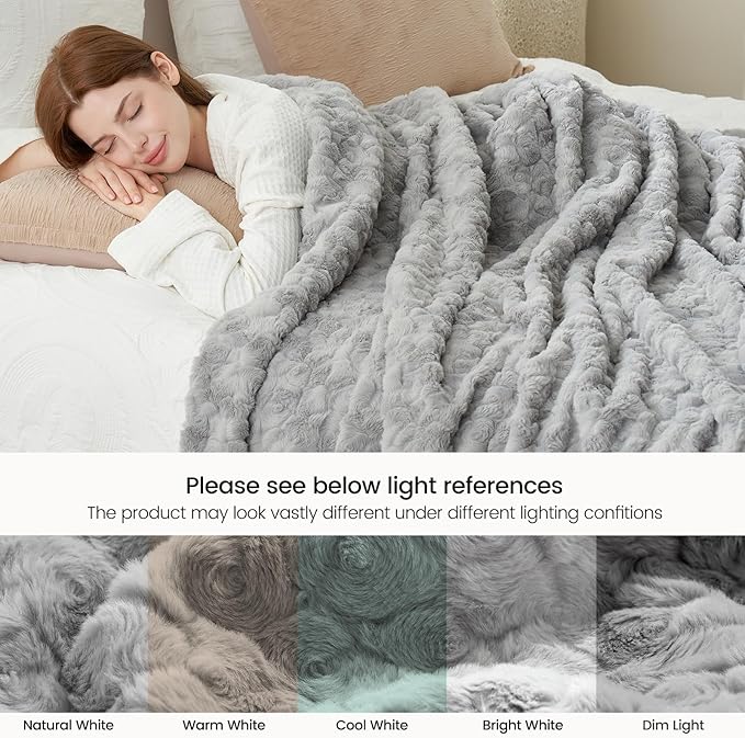Cozy Bliss Faux Fur Throw Blanket for Couch, Fuzzy Soft Plush Thick Warm Fluffy Reversible Wave Textured Blanket for Sofa Bedroom Living Room, 55 * 70 Inches Grey