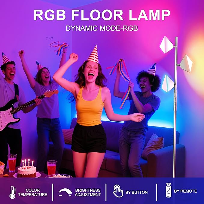 PARTPHONER RGB Tree Floor Lamp for Living Room, Stepless Dimmable Tall Standing Lamp with Remote, Touch Control and 3 Rotatable Light, Bright LED Lights for Bedroom with 4 Color-Changing, Sliver