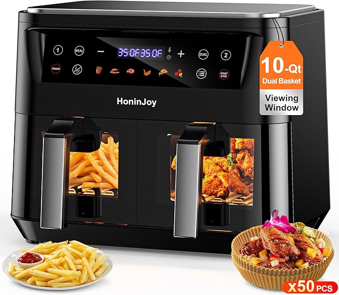 10QT Large Dual Basket Air Fryer with Viewing Window and 50pcs Paper Liners, 10-in-1 Digital Touchscreen Double Zone Air Fryers, SyncCook to Bake,Roast,Reheat,Broil, Nonstick Dishwasher Safe