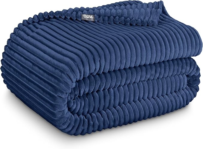 Bare Home Textured Fleece Blanket - Throw/Travel - Ultra-Soft Lightweight for Bed, Sofa, and Couch - Luxury Microplush - Cozy Warm Blanket (Throw/Travel, Ribbed Dark Blue)