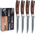 Wakoli EDIB 4-Piece Steak Knife Set – Dining Knives | Genuine Damascus Steel Blades with VG10 Core | Ergonomic Pakkawood Handles | Premium Steak Cutlery in Wooden Gift Box