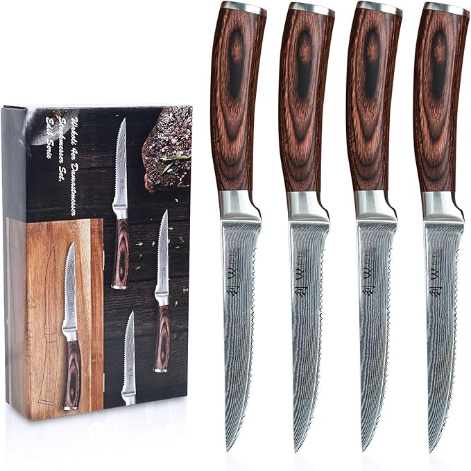 Wakoli EDIB 4-Piece Steak Knife Set – Dining Knives | Genuine Damascus Steel Blades with VG10 Core | Ergonomic Pakkawood Handles | Premium Steak Cutlery in Wooden Gift Box