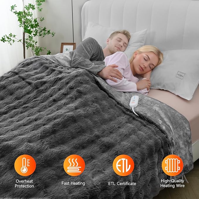 Heated Blanket Electric Twin- 62"x84" Soft Thick Bubble Electric Blanket for Sofa with 5 Heat Levels & 4 Hours Auto-Off Overheat Protection, Warm Cozy Gifts, Light Grey