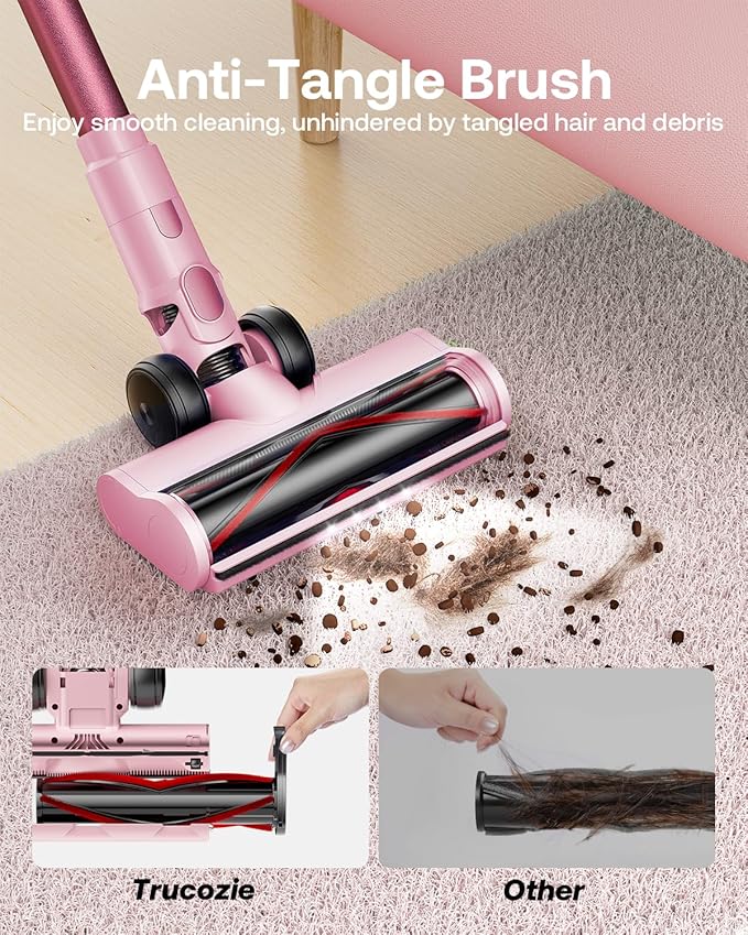 Cordless Vacuum Cleaner, 40Kpa 45Mins Vacuum Cleaners for Home, 8-in-1 Lightweight Stick Vacuum with Powerful Suction, Anti-tangle Wireless Vacuum for Carpet, Tile, Pet Hair, Hardwood Floors, Pink