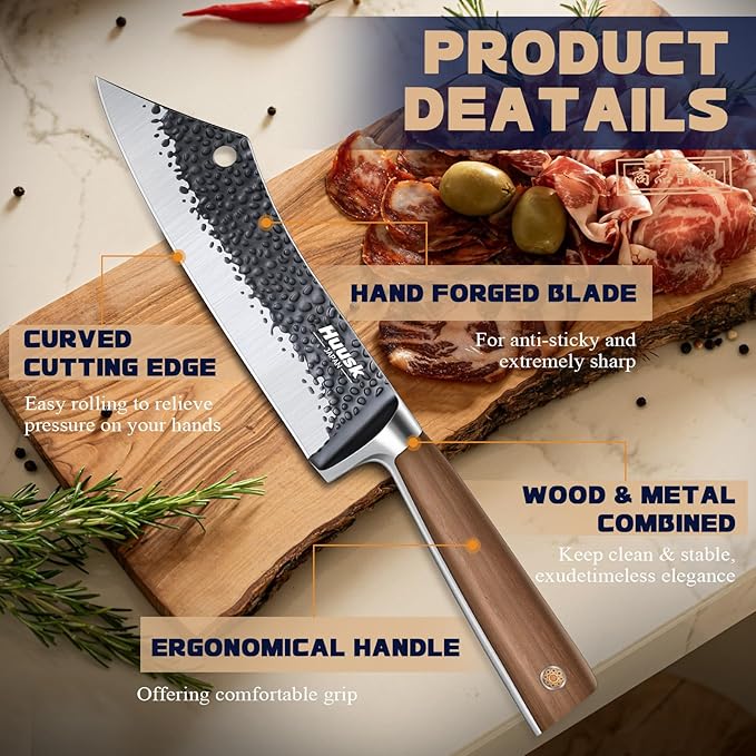 Huusk Meat Cleaver Knife Butcher Knife for Meat Cutting 8.3 inch Japanese Viking Knife Hand Forged Carving Knives for Slicing BBQ Kitchen Cooking with Present Box