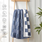 Snuggle Sac Navy Faux Fur Checkered Blanket Twin Size with Soft Knitted Microfiber Fabric,Fluffy Soft Warm Blanket for Sofa Bedroom,Cute Lightweight Striped Throws for Women,Heather Navy,60x80 inches