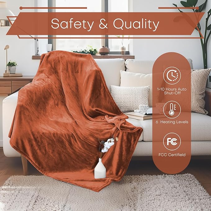 Electric Heated Blanket Full Size 72"x84" - Microplush & Sherpa Fabric Dual-Sided, 6 Heat Settings & 1-10 Hours Auto Off, Soft & Cozy Warming Throw for Home, Office, or Bed, Machine Washable, Caramel