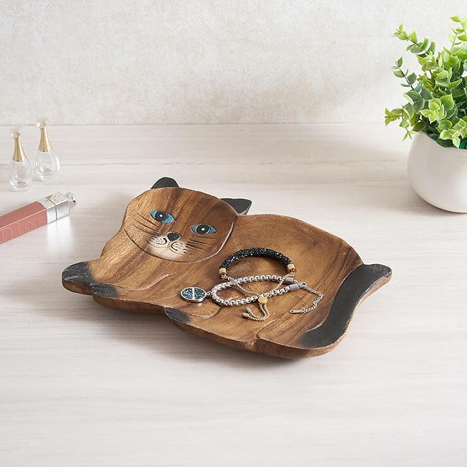 Handcrafted Cat Shaped Decorative Tray, Authentic Thai Wood with Vibrant Hand-Painted Details, Unique Artisan Serving Tray for Home Decor & Display