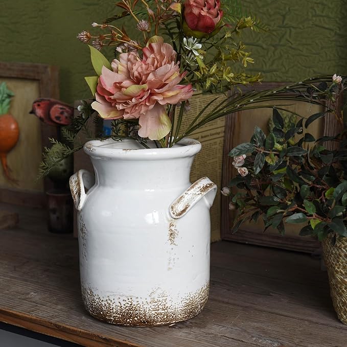Quoowiit Ceramic Rustic Farmhouse Vase, Distressed Decorative Flower Vase for Home Decor, Ideal Shelf Decor, White Boho Vase for Living Room Bedroom Kitchen Office Decor Centerpiece Table Decorations