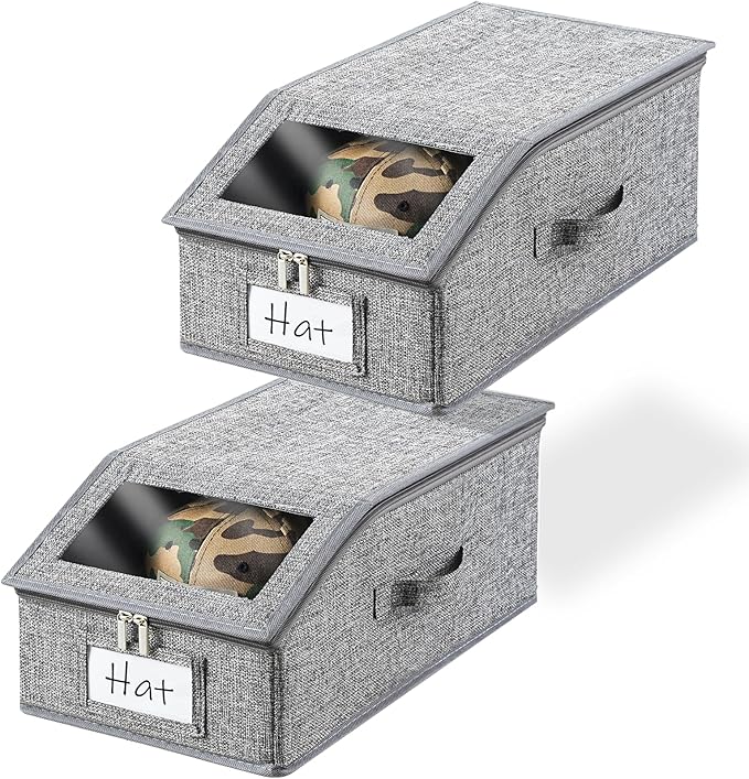 Hat Organizer for Baseball Cap, Hat Storage for Closet with Clear Window, 2 Pack Stackable Storage Organizer Holds up to 24 Caps, Breathable Fabric Box for Snacks, Toys, Socks (Grey)