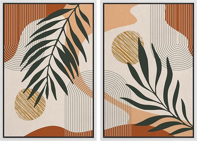 SIGNFORD Framed Canvas Print Wall Art Mid-Century Palm Leaf and Geometry Symbols Abstract Shapes Illustrations Modern Boho Nature Colorful Chic for Living Room, Bedroom, Office - 24"x36"x2 White
