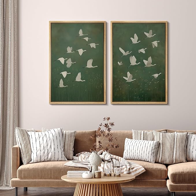 SIGNFORD Framed Canvas Print Wall Art Set Flight of Cranes Elegant Birds in Soft Green Hues Illustration Modern Art Decorative Nordic Nature for Living Room, Bedroom, Office - 16"x24"x2 Natural