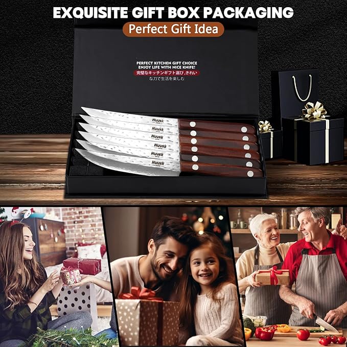 Huusk Steak Knives Set of 6, Japanese Steak Knives 4.9 Inch with Damascus Patterns, Non-serrated Steak Knife Sets With Sheaths, Sharp Steak Knife Set With Gift Box