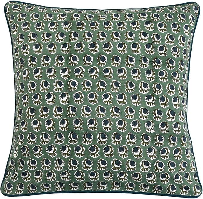 Ridhi Basil Green Block Print Cotton Canvas Throw Pillow Covers for Decorative Couch Pillows for Living Room, Chic Boho Cute Outdoor Valentine Pillows Covers Gifts 18x18 Inches