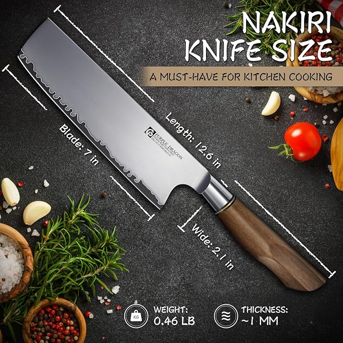 Purple Dragon Nakiri Knife, 7 Inch Meat Cleaver, German Vg10 Steel Japanese Kitchen Knife for Meat Cutting Chopping Dicing Vegetables, Ergonomic Wooden Handle, Gift Box