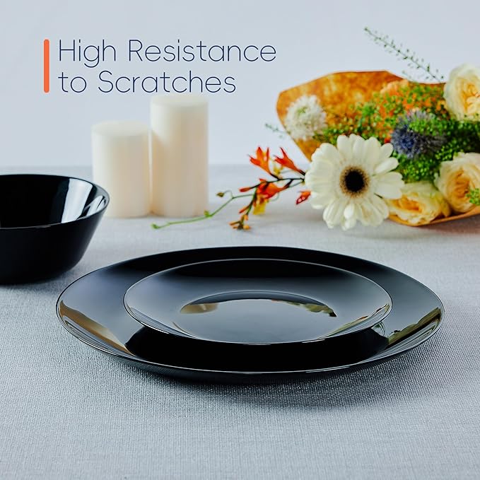 7.5 inch Appetizer Plate Set of 6, Lightweight Opal Glass Round Black Salad Plates for Dessert Kitchen, Dishwasher and Microwave Safe