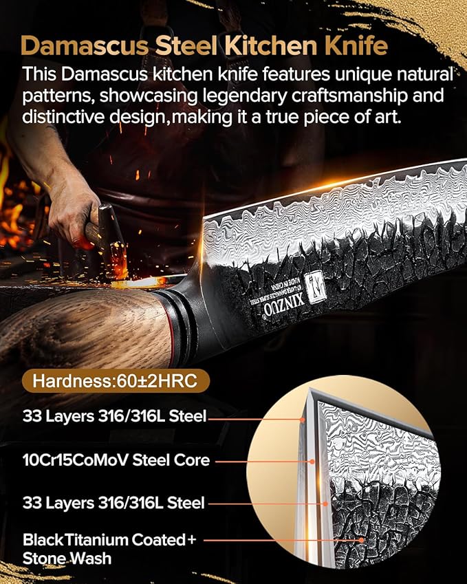 XINZUO 10 Inch Brisket Carving Knife，67-Layer Damascus Steel，Razor Sharp Curved Butcher Breaking Knives For Meat Cutting With White Oak + Red G10 Gasket Handle