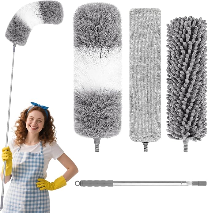 4PCS Dusters for Cleaning, Extendable Microfiber Duster with Extension Pole Up to 100'', Bendable Washable Cleaner Dusters for Cleaning Fan, High Ceiling, Blinds, Furniture, Car