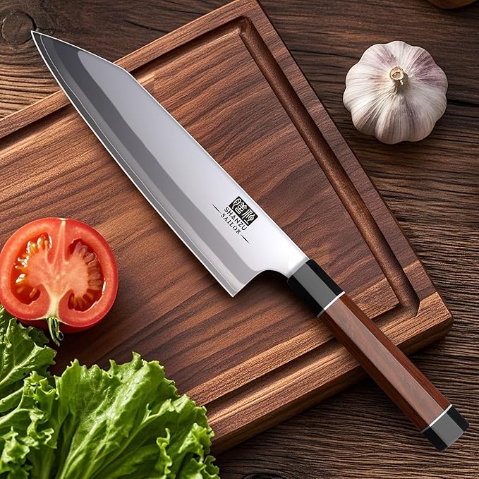 SHAN ZU 8 Inch Japanese Chef Knife, 9 Layers 10Cr15MoV High Carbon Steel Professional Kitchen Knife, Sharp Cooking Knife with Ergonomic Red Sandalwood Handle, Meat Cutting Kiritsuke Knife and Gift Box