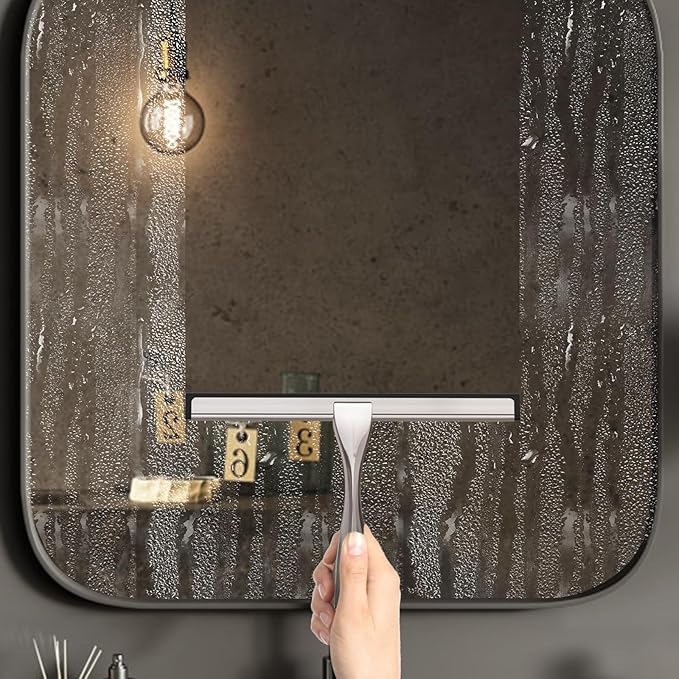 All-Purpose Stainless Steel Shower Squeegee for Glass Doors with Adhesive Hooks, Squeegee for Shower Glass, Bathroom Household Cleaner Tool for Window Mirror Tile Wall Car, 10 Inch Silver