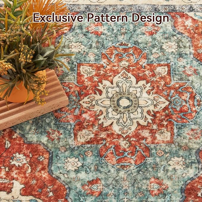 Topllen Washable Area Rug - Area Rug 6'x9' Boho Soft Living Room Rug, Non-Slip Large Area Rugs Indoor for Dining Room Livingroom Bedroom, Vintage Rug (Rust, 6x9ft)