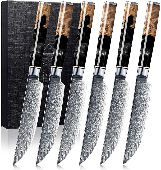 SENKEN Damascus Steak Knife Set - Black Tsunami Collection - 67-Layer Japanese VG10 Steel - Razor Sharp Non-Serrated Blades, Black Resin & Burl Wood Handles, Luxury Gift Box